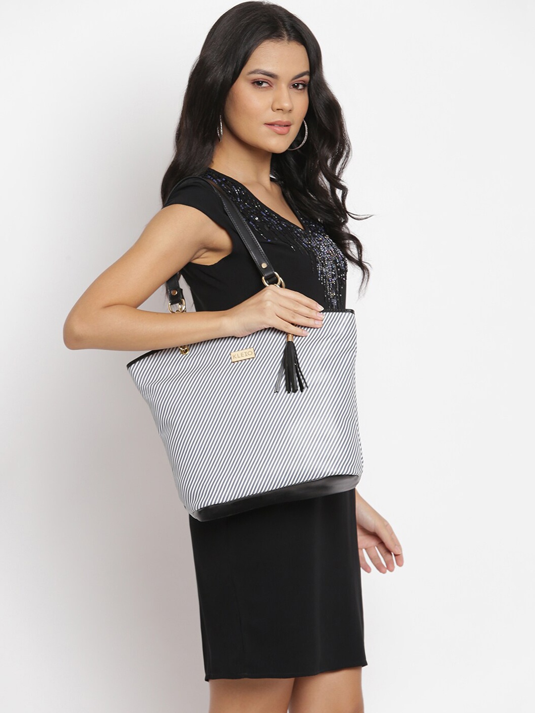 

KLEIO Striped Tassel Detailed Shoulder Tote Bag, Grey