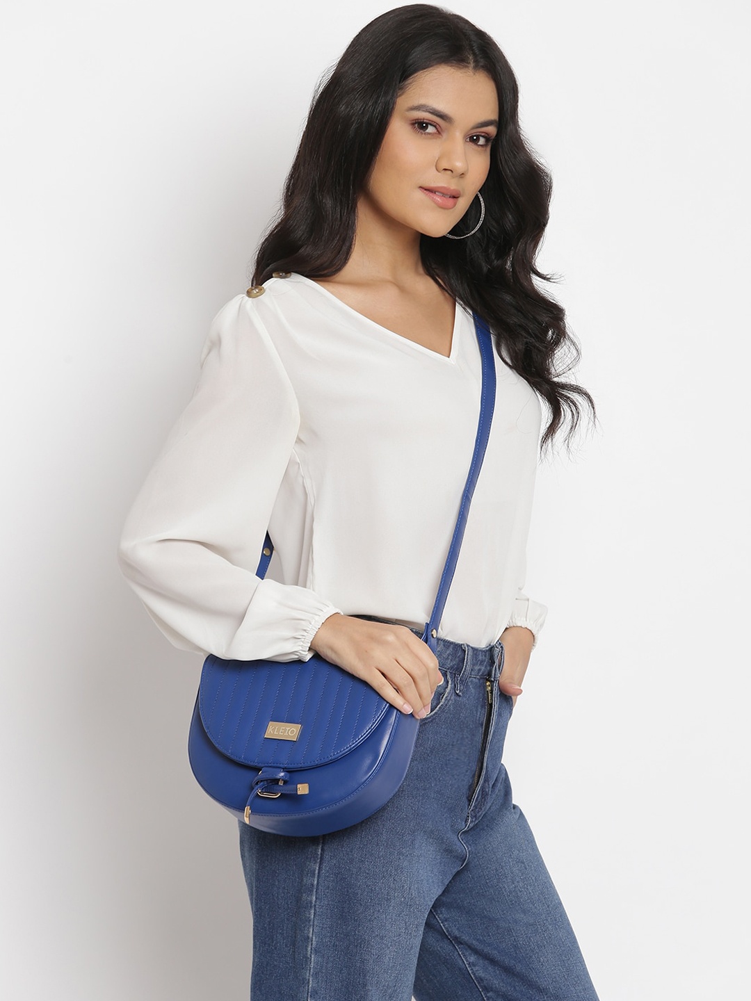 

KLEIO Quilted Half Moon Sling Bag, Blue