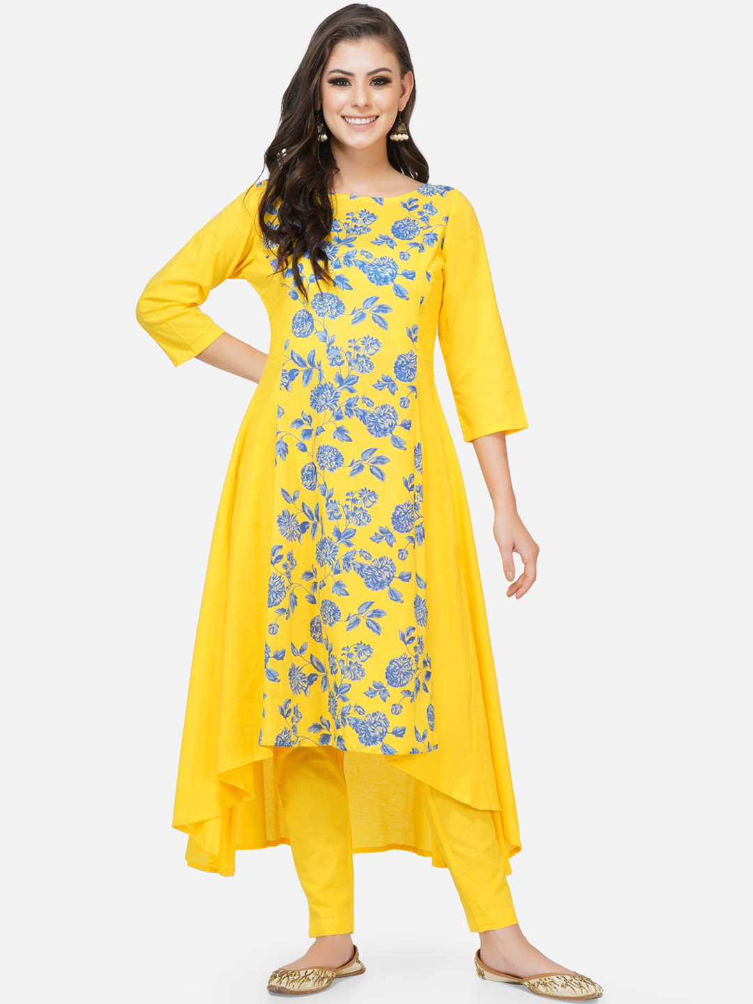 

FABNEST Women Yellow & Blue Printed Regular Pure Cotton Kurta with Trousers