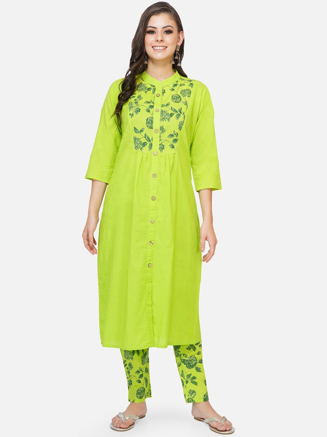 

FABNEST Women Green Printed Regular Pure Cotton Kurta with Trousers