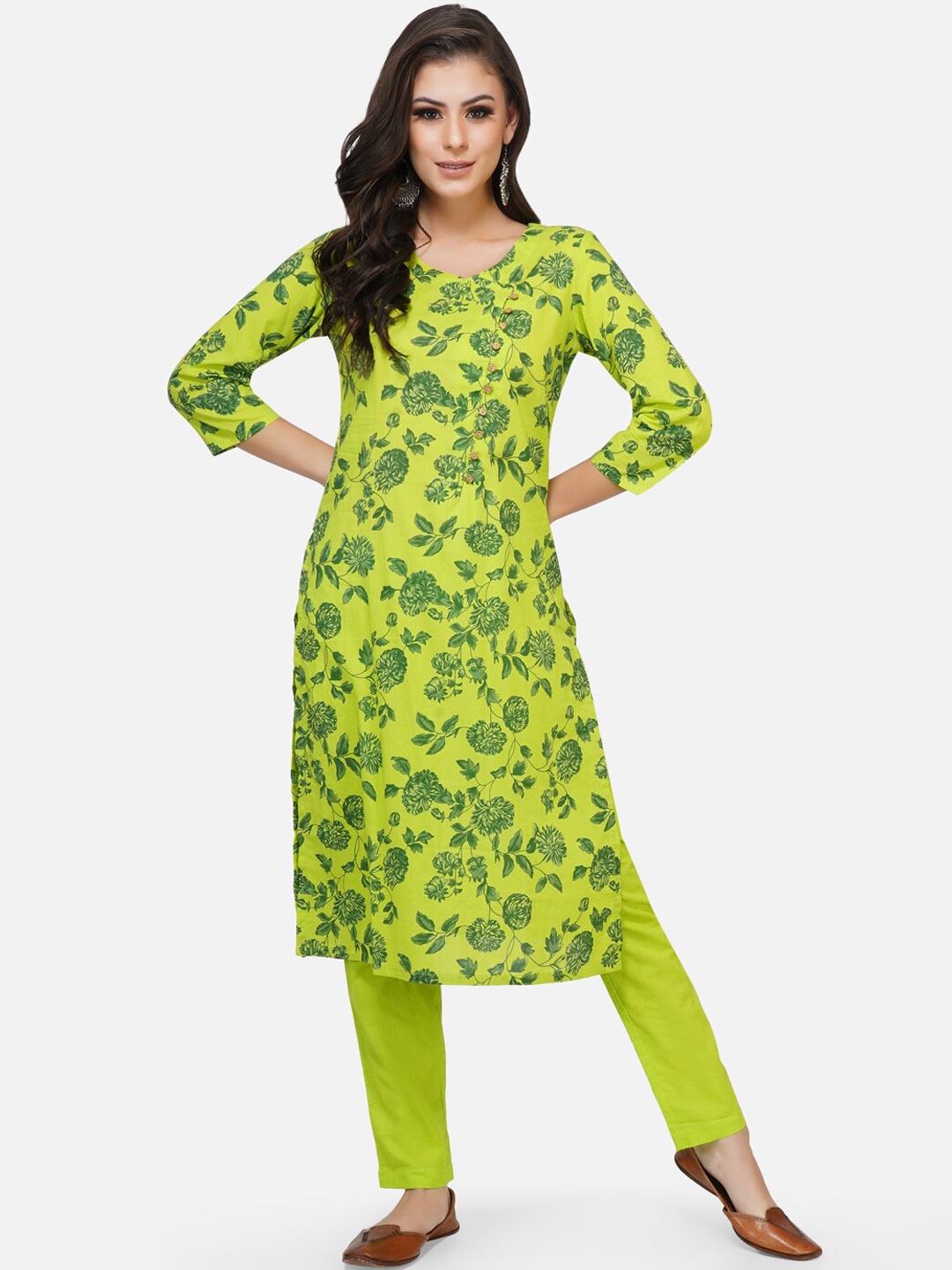 

FABNEST Women Green Floral Printed Regular Pure Cotton Kurta with Trousers