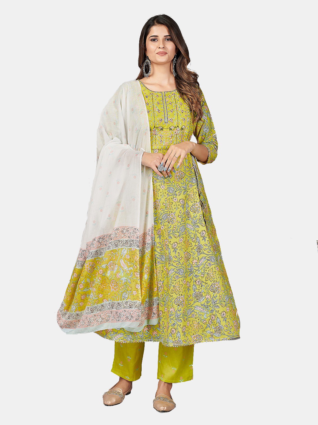 

Vbuyz Green Floral printed Thread Work Kurta With Trousers & Dupatta