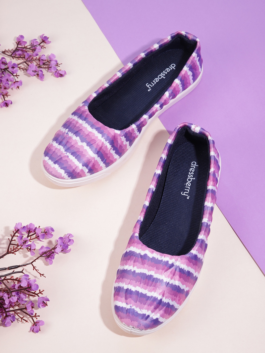 

DressBerry Women Pink & Purple Striped Quilted Satin Finish Ballerinas