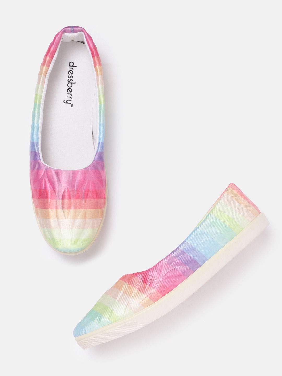

DressBerry Women Pink & Green Striped Slip-On Sneakers