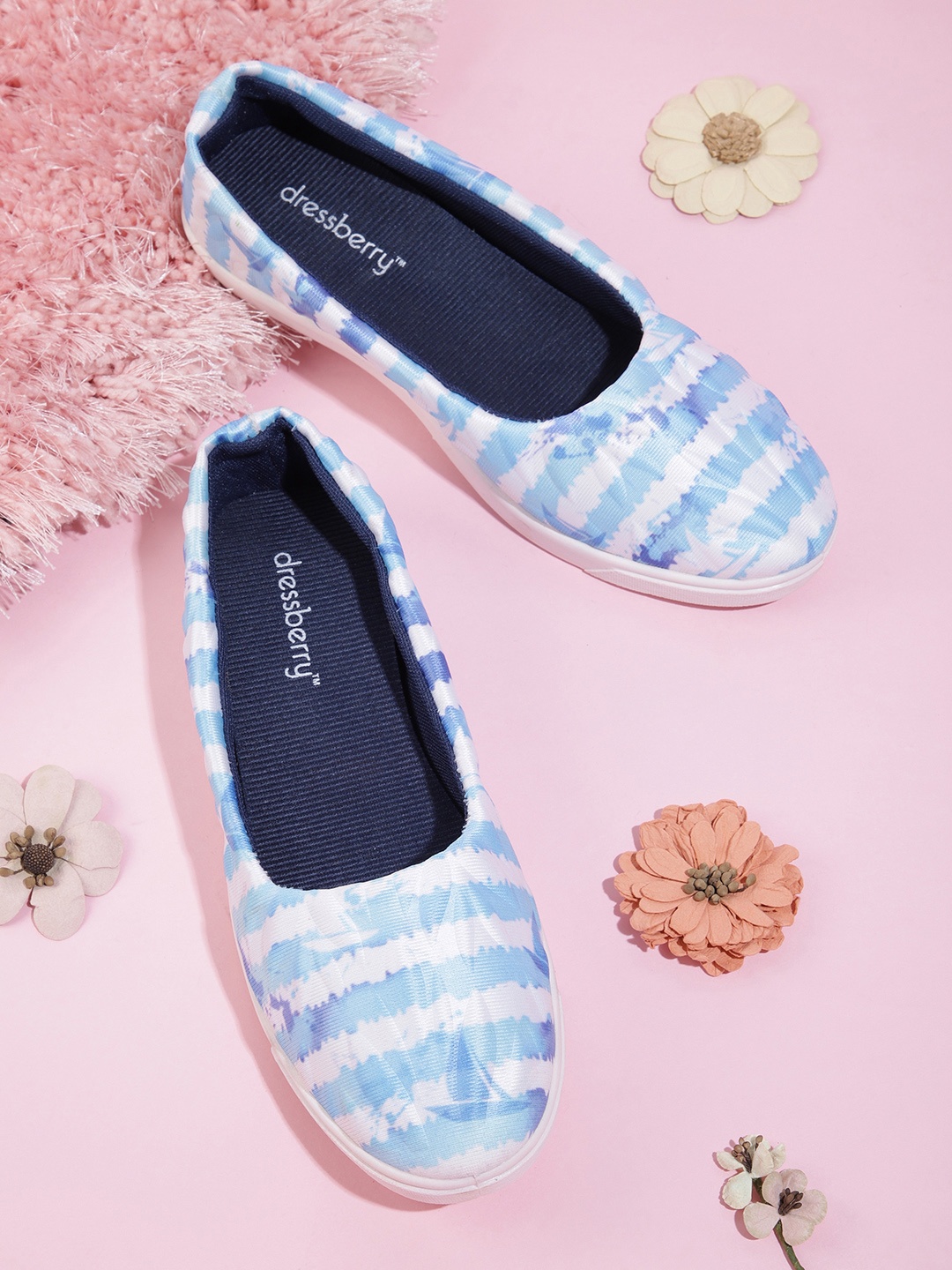 

DressBerry Women Blue & White Striped Quilted Satin Finish Ballerinas