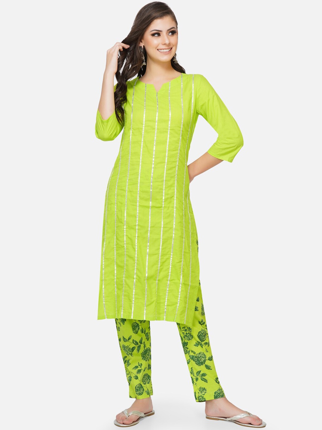 

FABNEST Women Green Striped Handloom Kurta