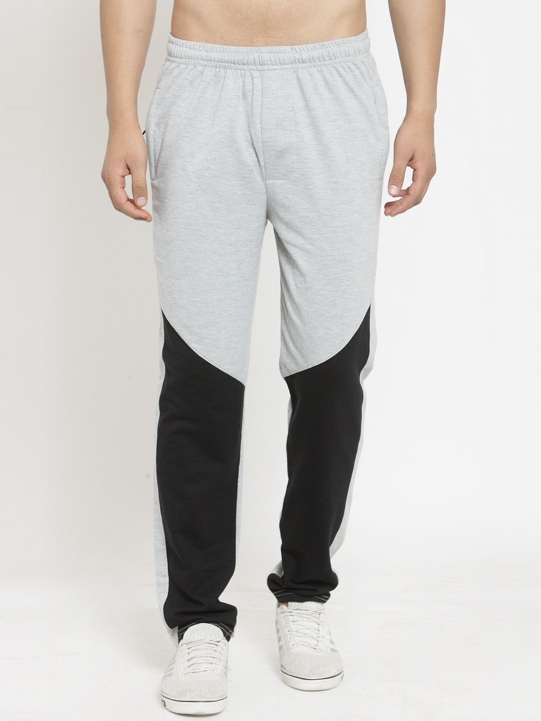 

JAINISH Men Grey & Black Colourblocked Pure Cotton Track Pants