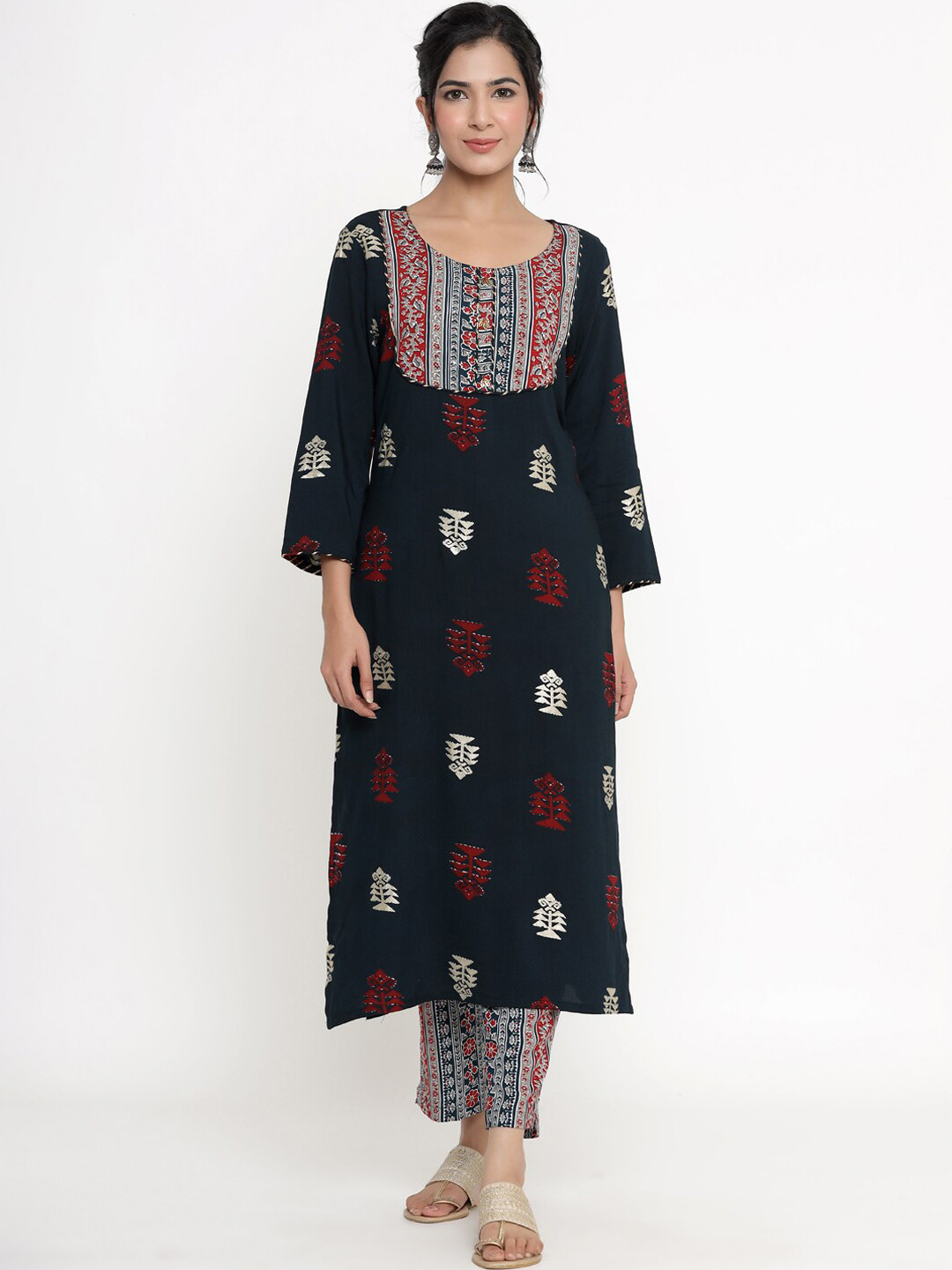 

DIVYANK Women Teal Ethnic Motifs Printed Regular Kurta with Trousers