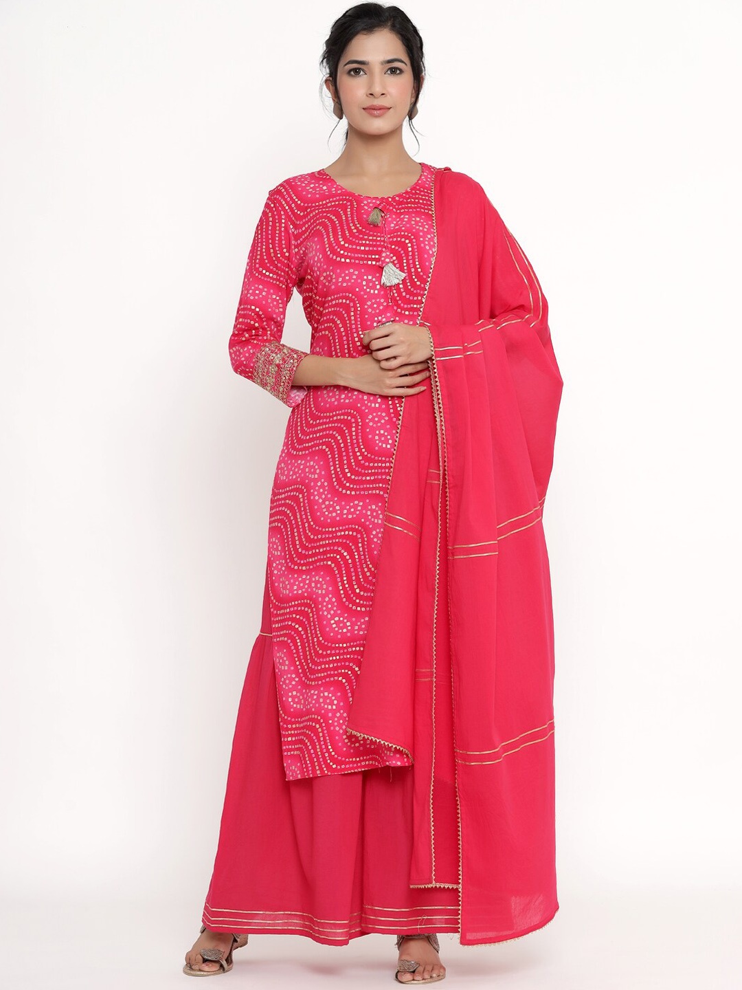 

DIVYANK Women Pink Bandhani Printed Regular Kurta with Sharara & With Dupatta