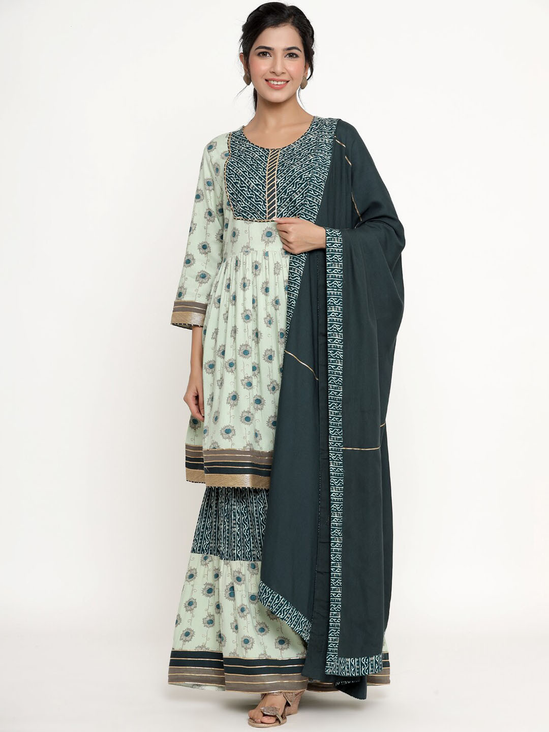 

DIVYANK Women Teal Ethnic Motifs Printed Empire Kurta with Sharara & With Dupatta