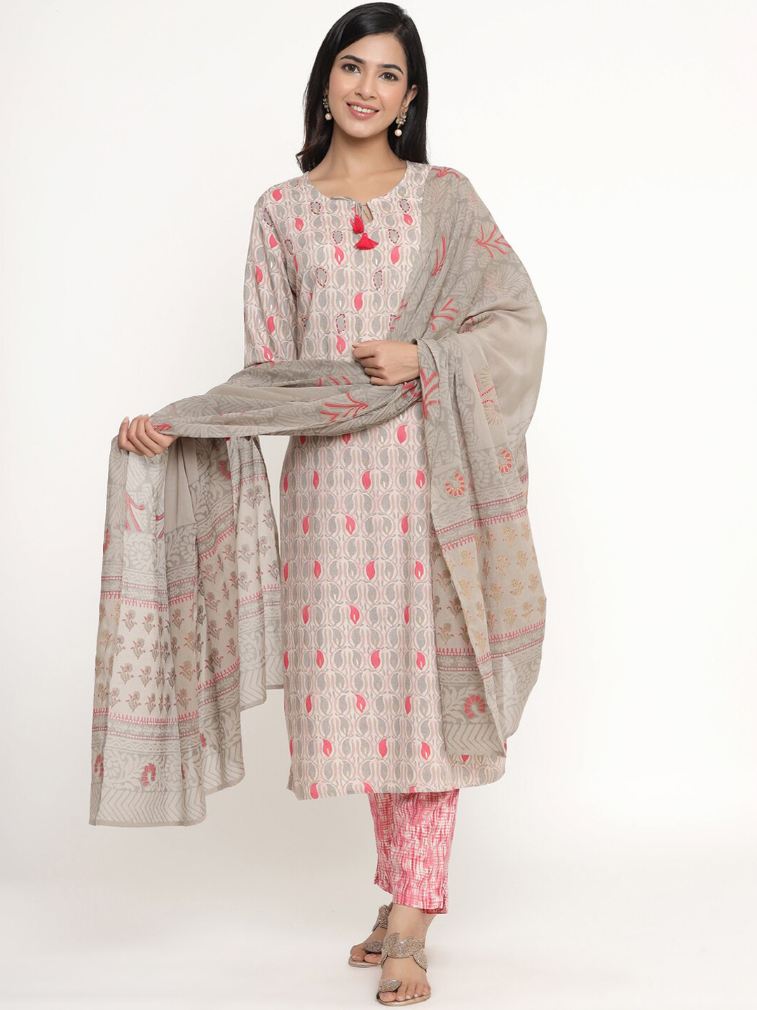 

DIVYANK Women Pink Paisley Printed Regular Kurta with Trousers & With Dupatta