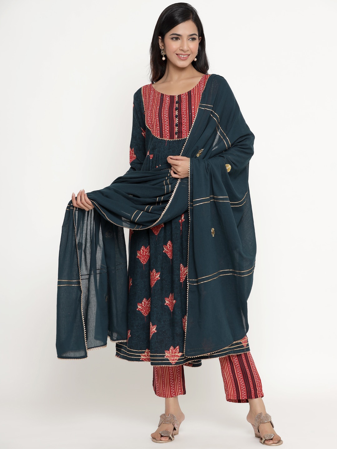 

DIVYANK Women Teal Ethnic Motifs Printed Regular Kurta with Trousers & With Dupatta