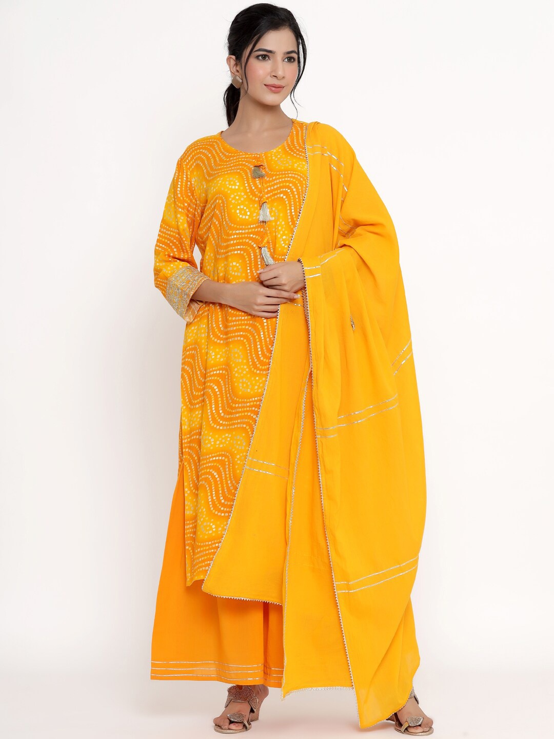 

DIVYANK Women Yellow Bandhani Printed Regular Kurta with Sharara & With Dupatta