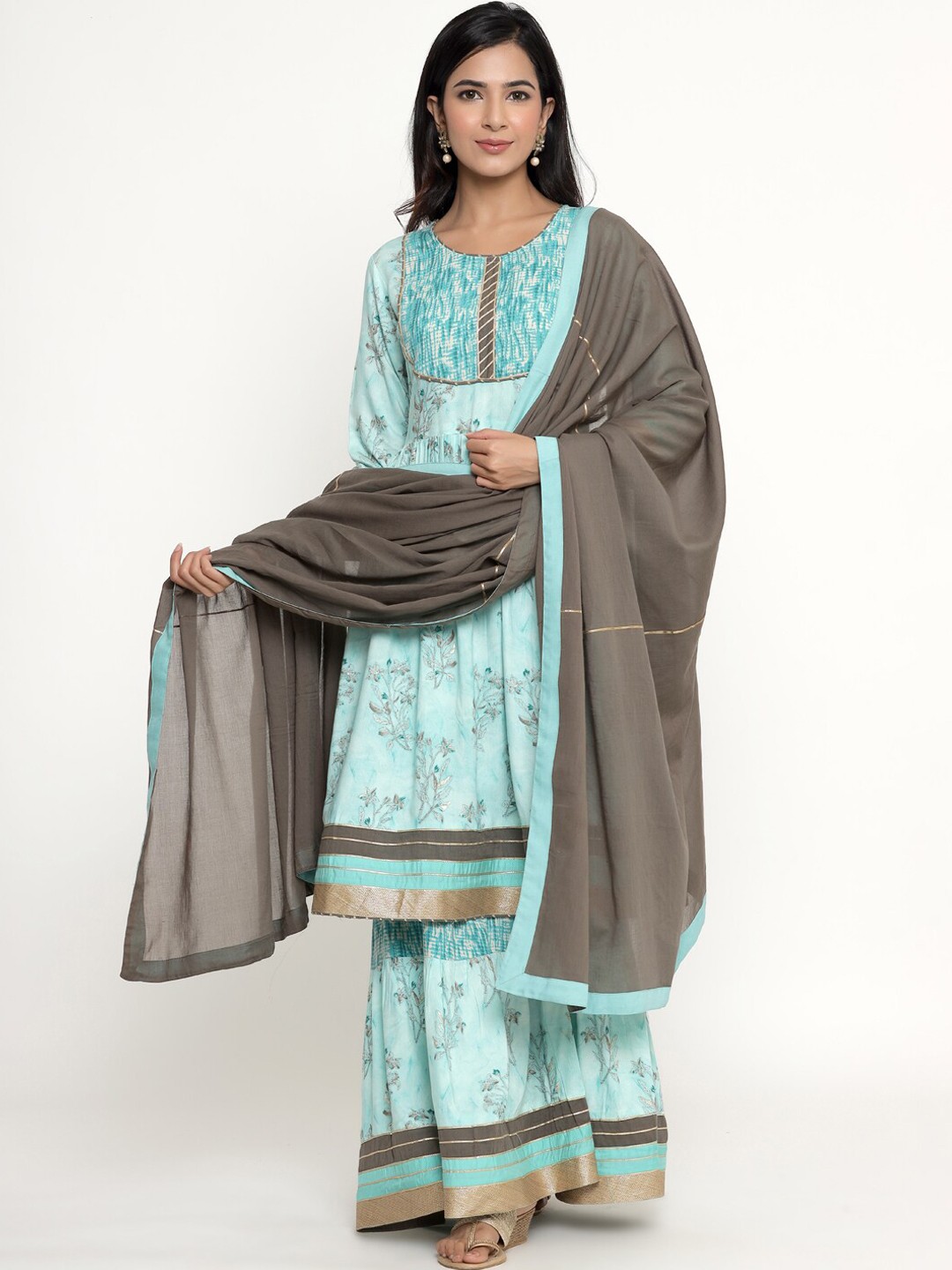 

DIVYANK Women Sea Green Floral Printed Empire Kurta with Sharara & With Dupatta