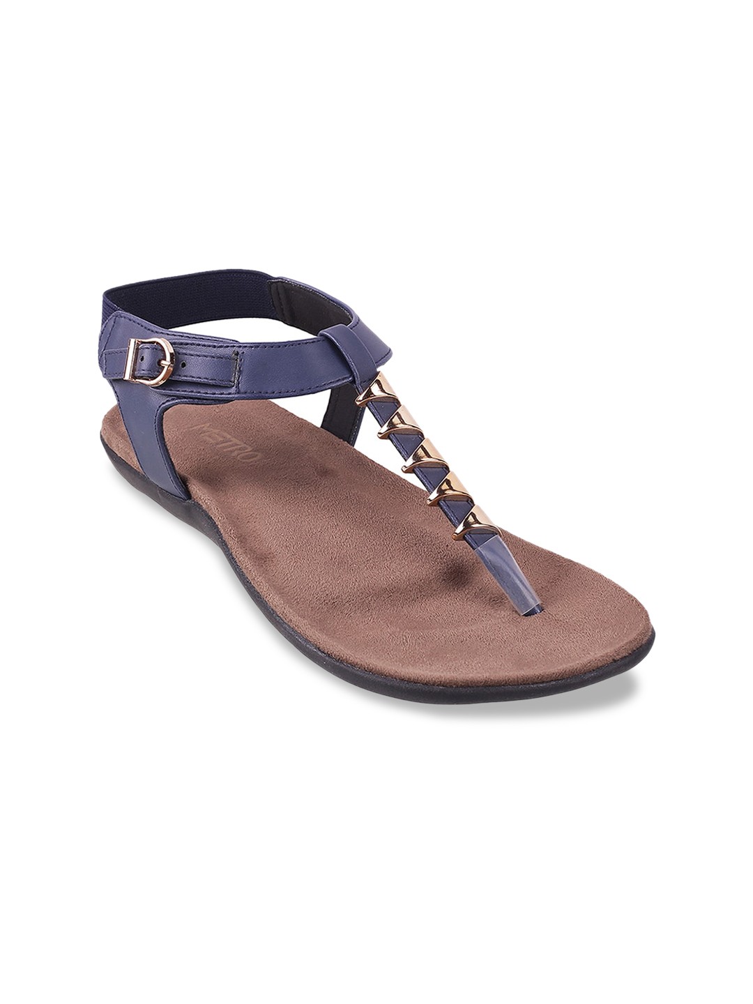 

Metro Women Blue T-Strap Western Embellished Flats