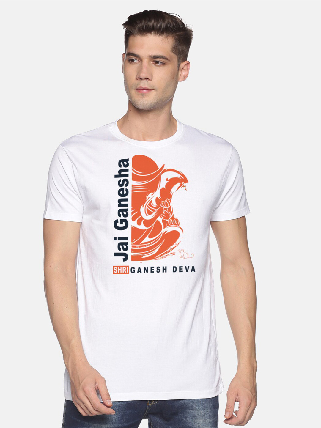 

MASH UNLIMITED Men White & Orange Graphic Printed Slim Fit T-shirt