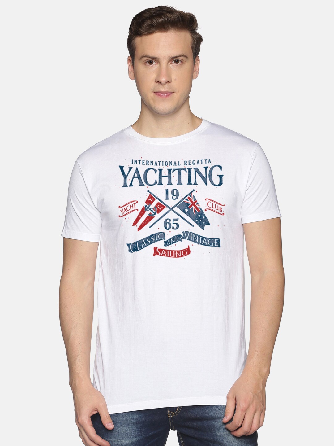 

MASH UNLIMITED Men White & Blue Typography Printed Slim Fit T-shirt