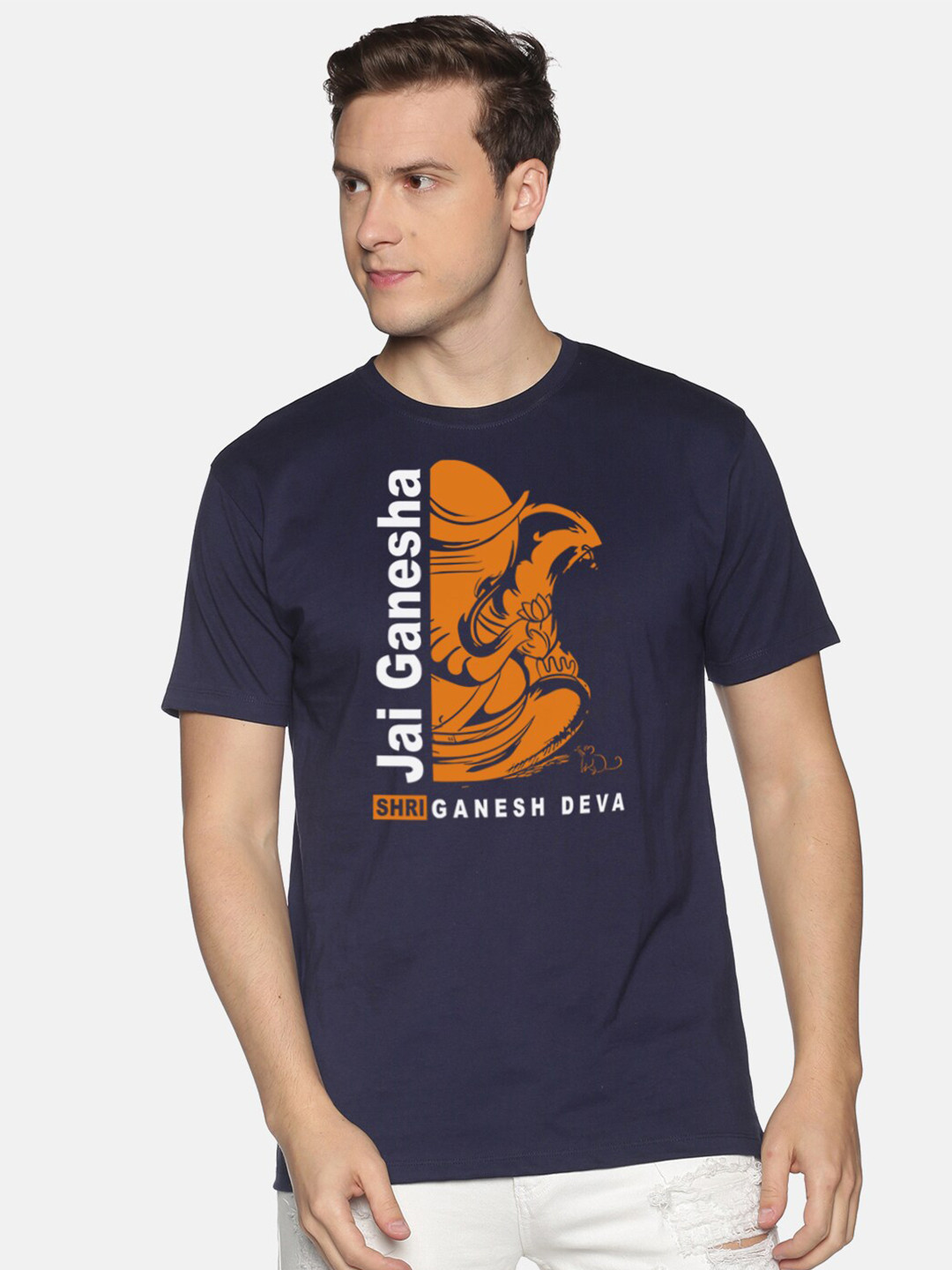 

MASH UNLIMITED Men Navy Blue & Orange Graphic Printed Slim Fit T-shirt