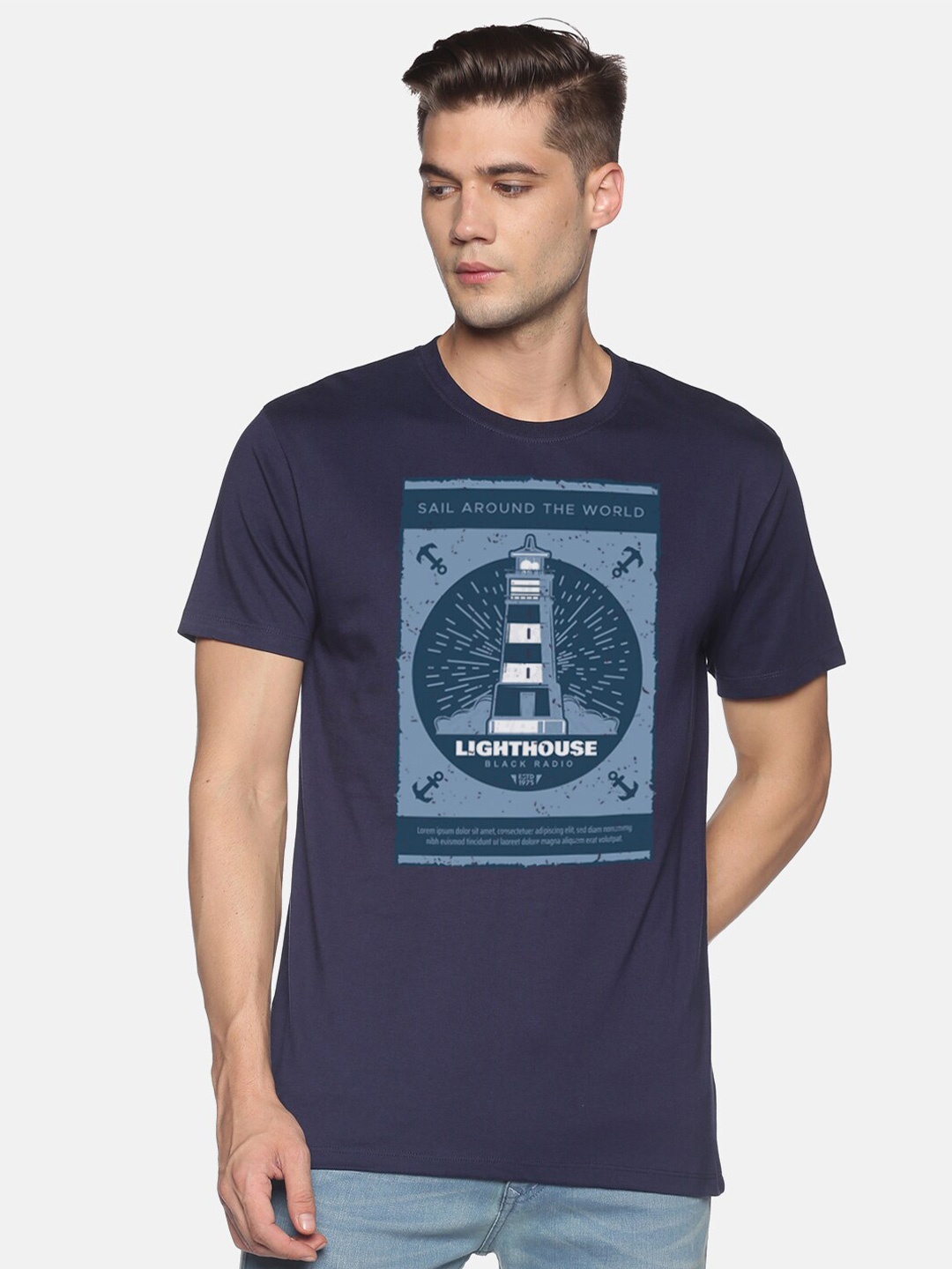 

MASH UNLIMITED Men Navy Blue Graphic Printed Slim Fit T-shirt