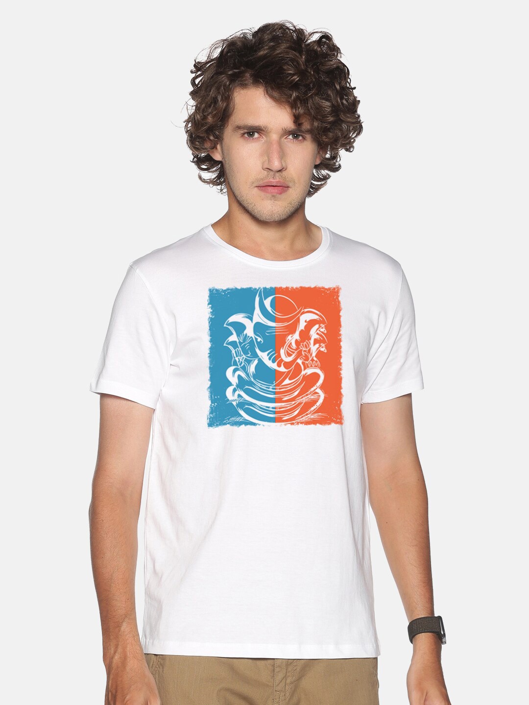

MASH UNLIMITED Men White & Blue Graphic Printed Slim Fit T-shirt