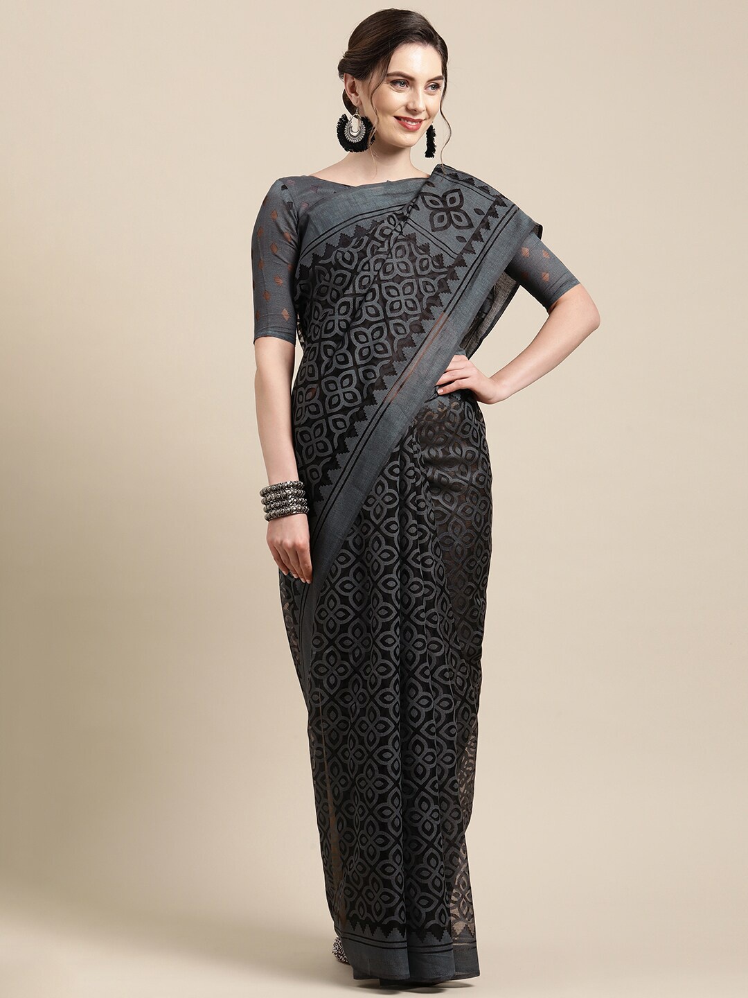 

Saree mall Black & Grey Ethnic Motifs Printed Brasso Saree