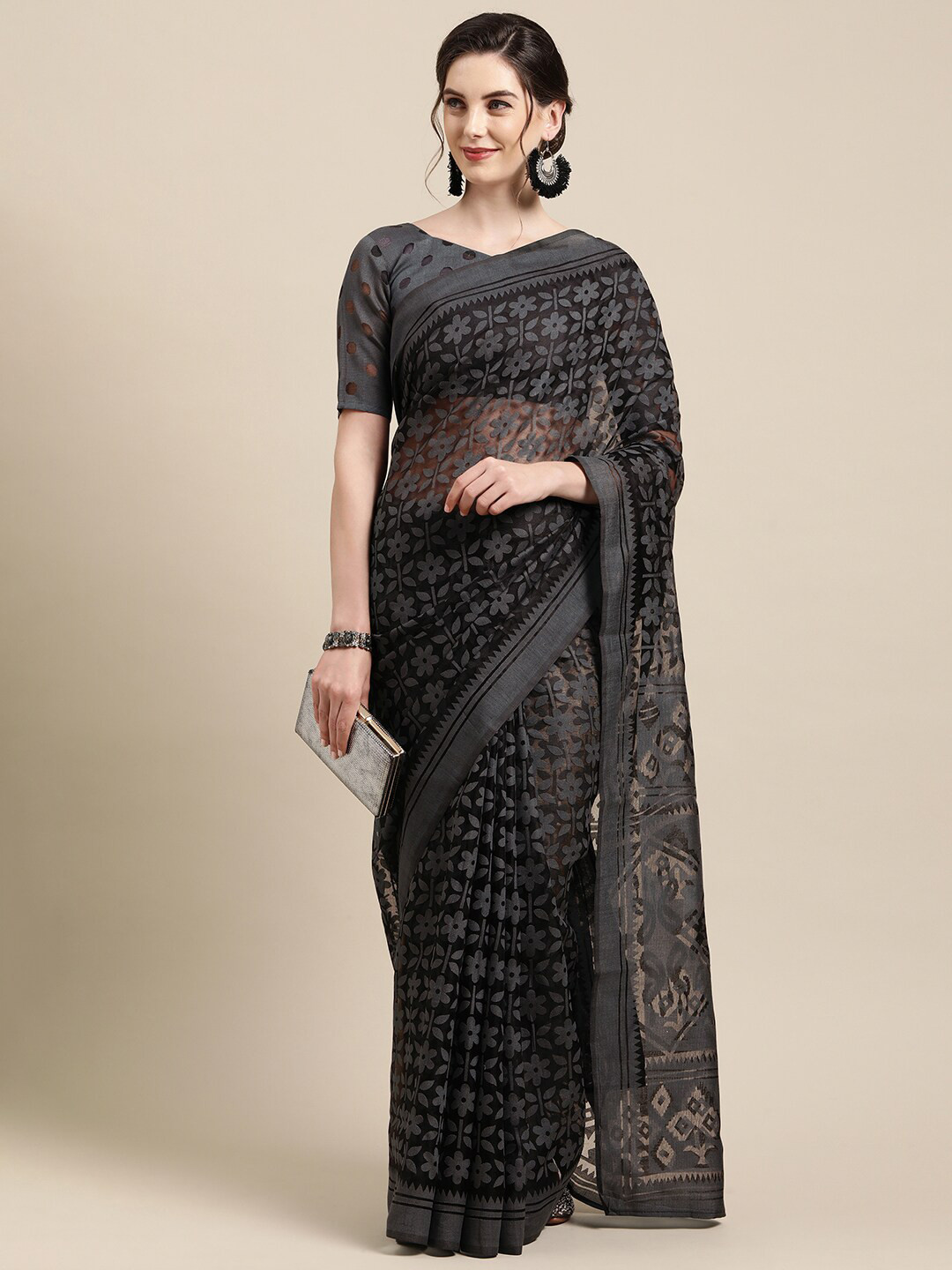 

Saree mall Grey & Black Floral Printed Brasso Saree