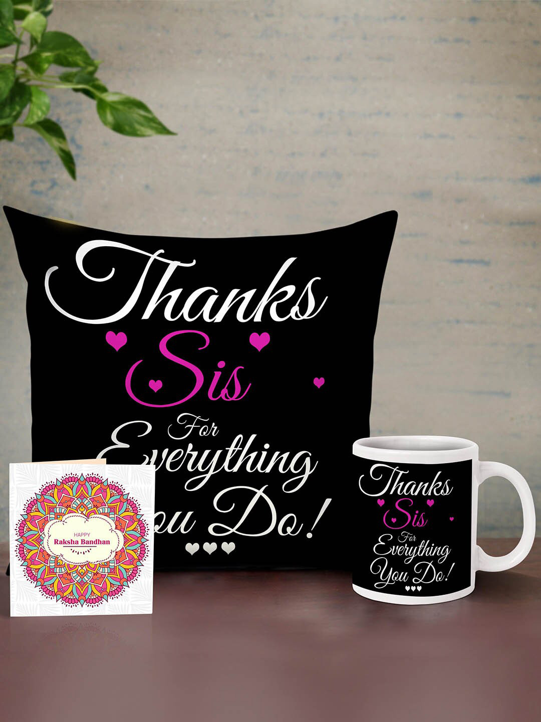 

TIED RIBBONS Black Cushion with Mug & Card Rakhi Return Gift Set for Sister