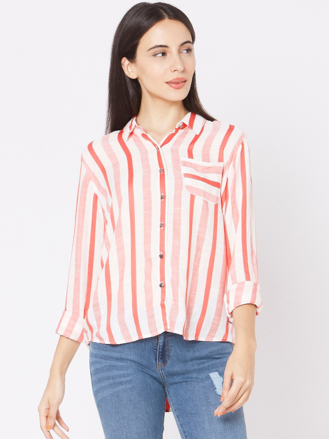 

SPYKAR Women White Opaque Striped Casual Shirt