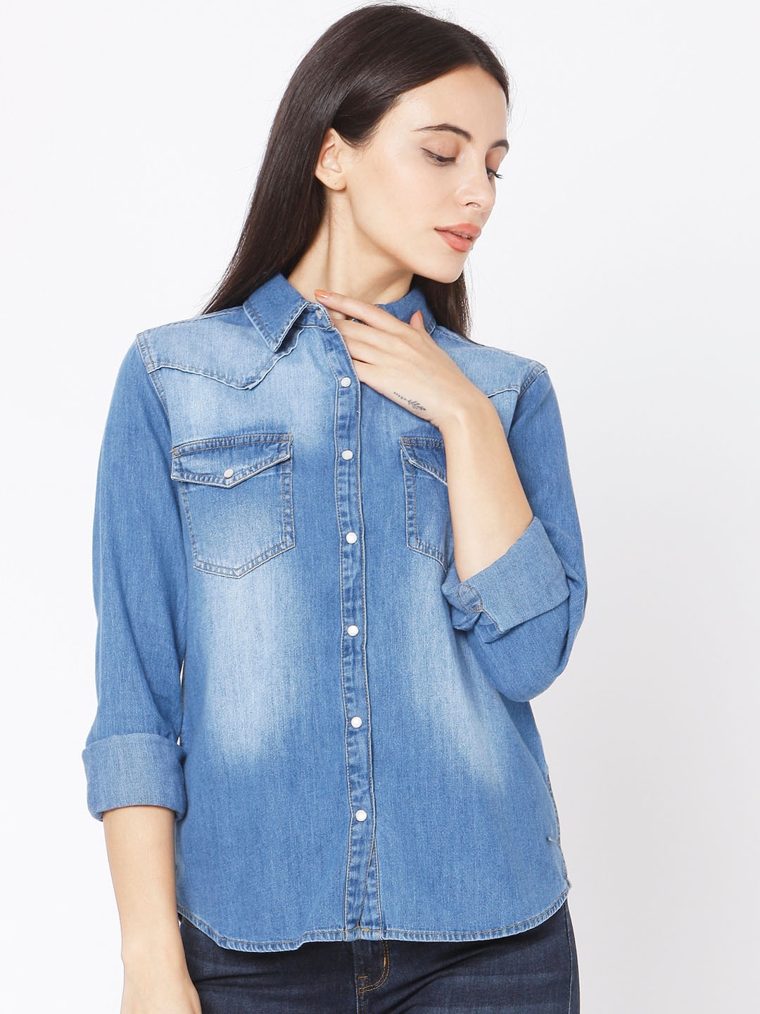 

SPYKAR Women Blue Slim Fit Opaque Faded Denim Shirt