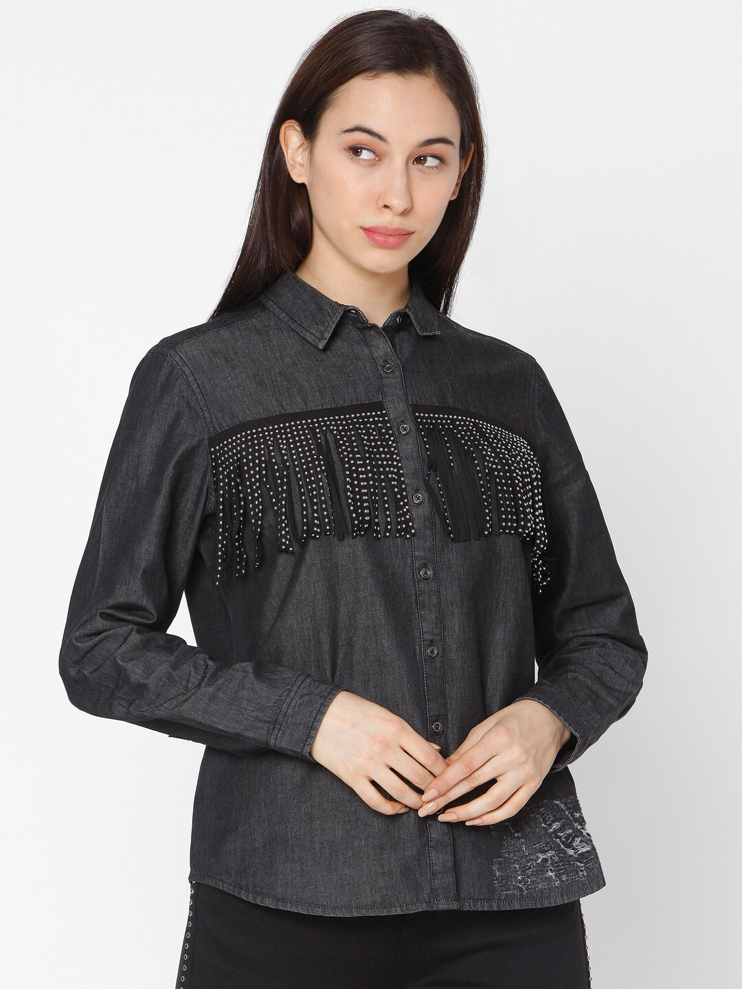 

SPYKAR Women Black Fringed Opaque Casual Shirt