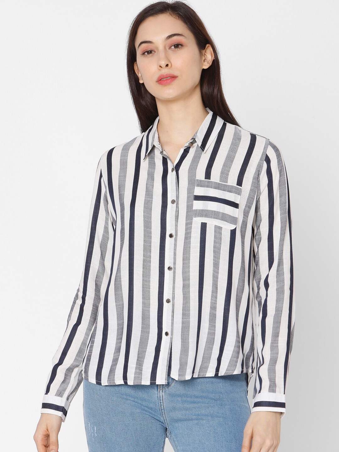 

SPYKAR Women White Opaque Striped Casual Shirt