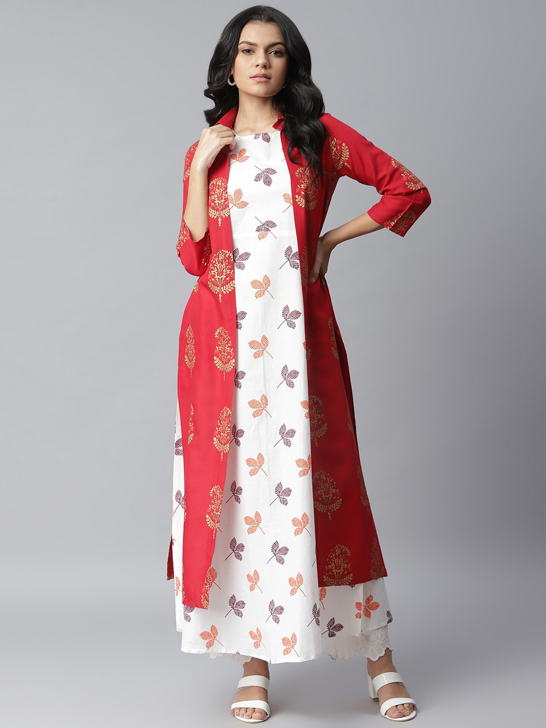 

Stylum Women Red & White Ethnic Motifs Printed Layered Kurta