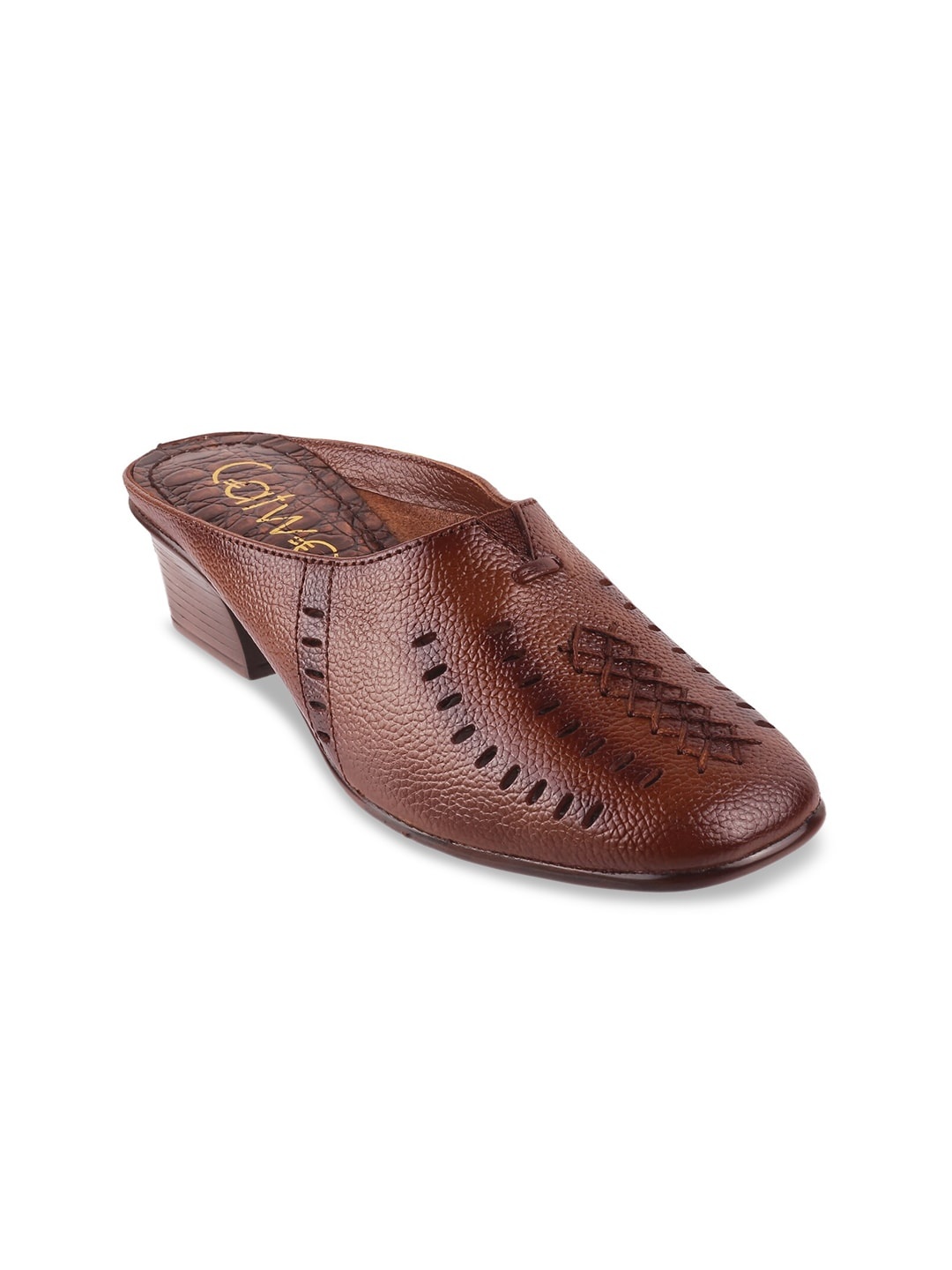 

Catwalk Women Brown Leather Block Mules with Laser Cuts