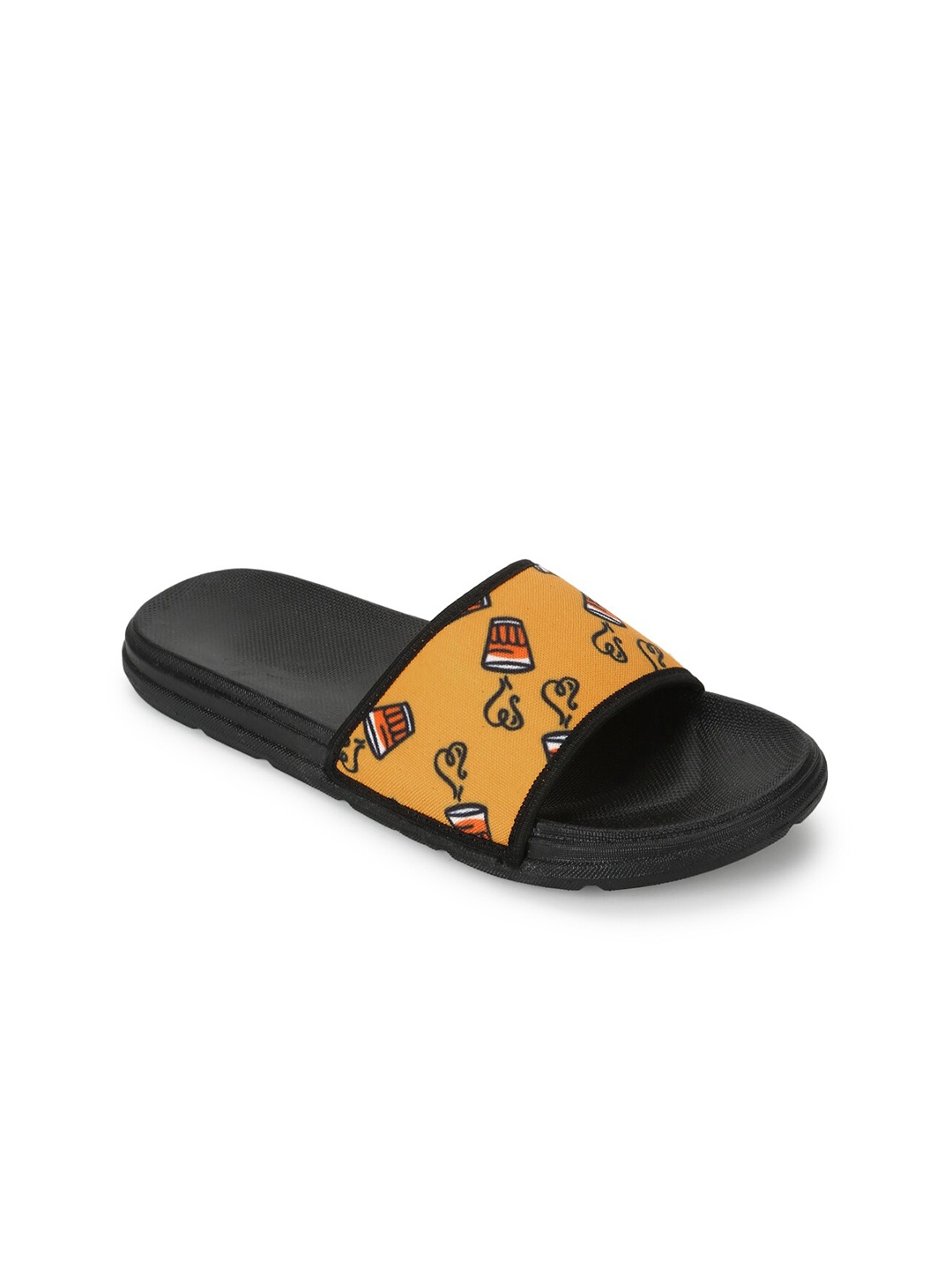 

FF FUNKFEETS Unisex Black & Orange Printed Fabric Sliders