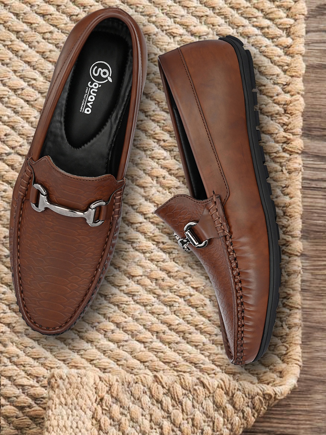 

Guava Men Brown Buckle Textured Slip On Loafers
