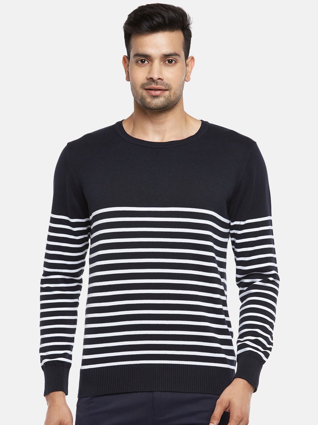 

BYFORD by Pantaloons Men Navy Blue & White Striped Cotton Pullover Sweater
