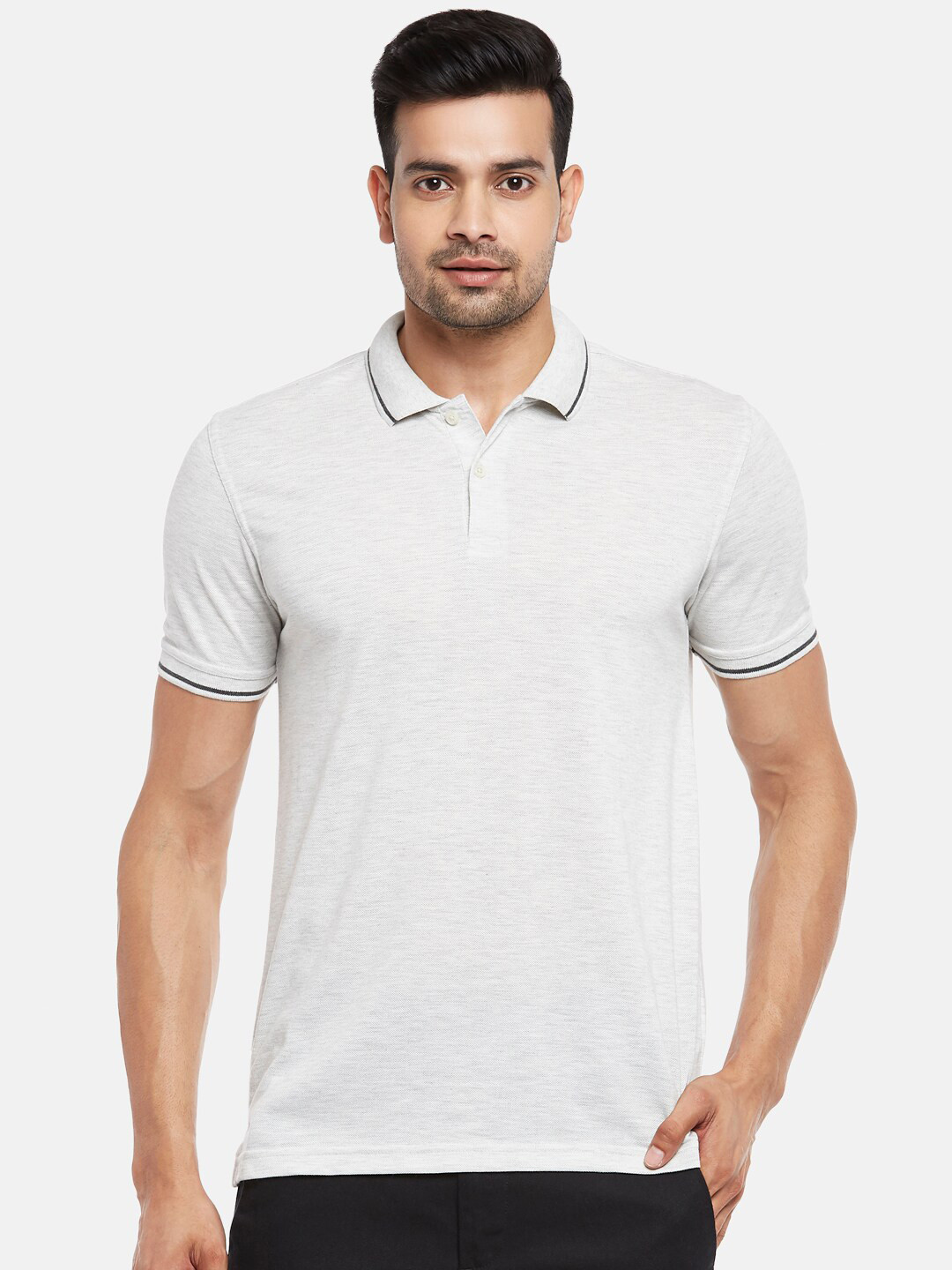 

BYFORD by Pantaloons Men Off White Cotton Polo Collar Pure Cotton T-shirt