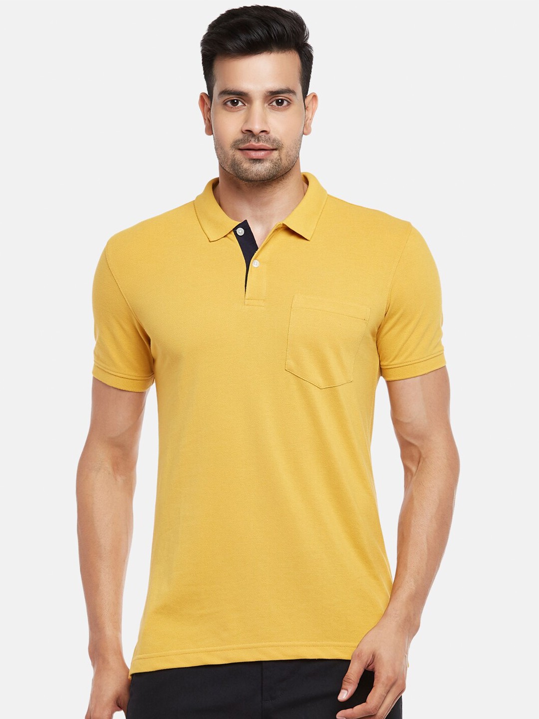 

BYFORD by Pantaloons Men Mustard Yellow Cotton Polo Collar Pockets Slim Fit Pure Cotton T-shirt