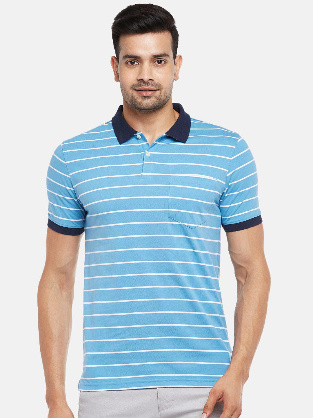 

BYFORD by Pantaloons Men Blue White Striped Cotton Polo Collar Pockets Slim Fit Pure Cotton T-shirt