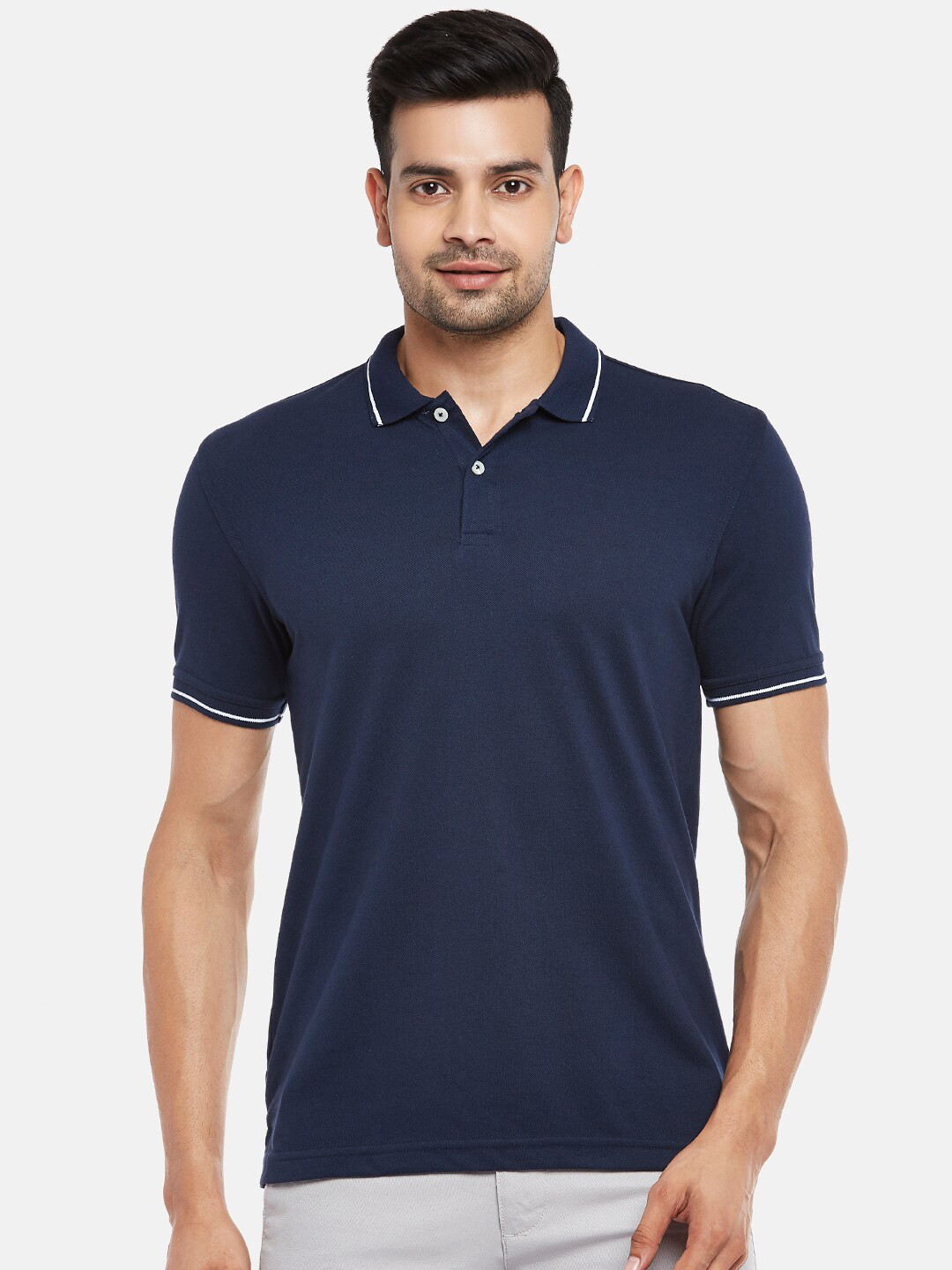 

BYFORD by Pantaloons Men Navy Blue Cotton Polo Collar Pure Cotton T-shirt