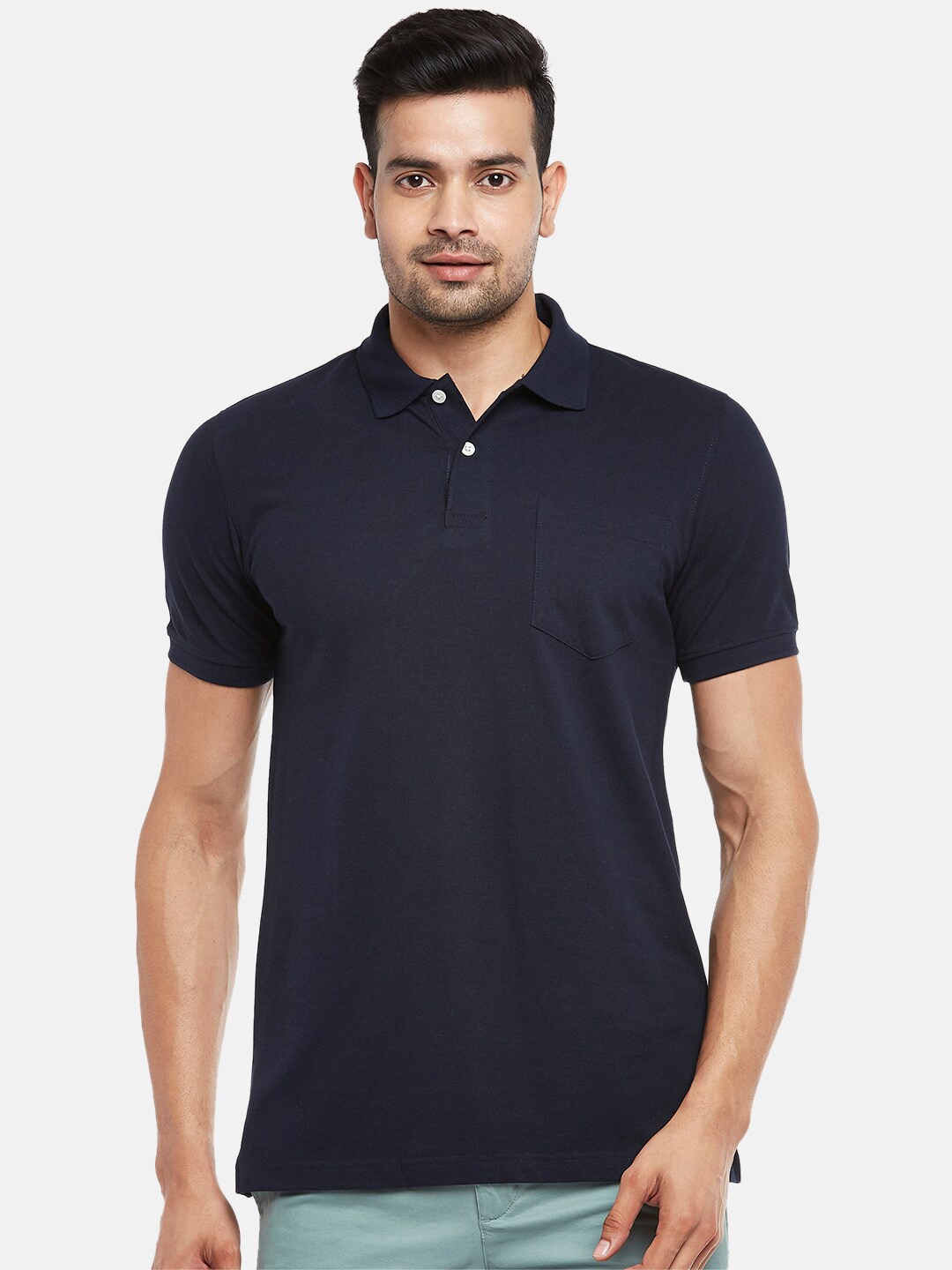 

BYFORD by Pantaloons Men Navy Blue Cotton Polo Collar Pockets Pure Cotton T-shirt