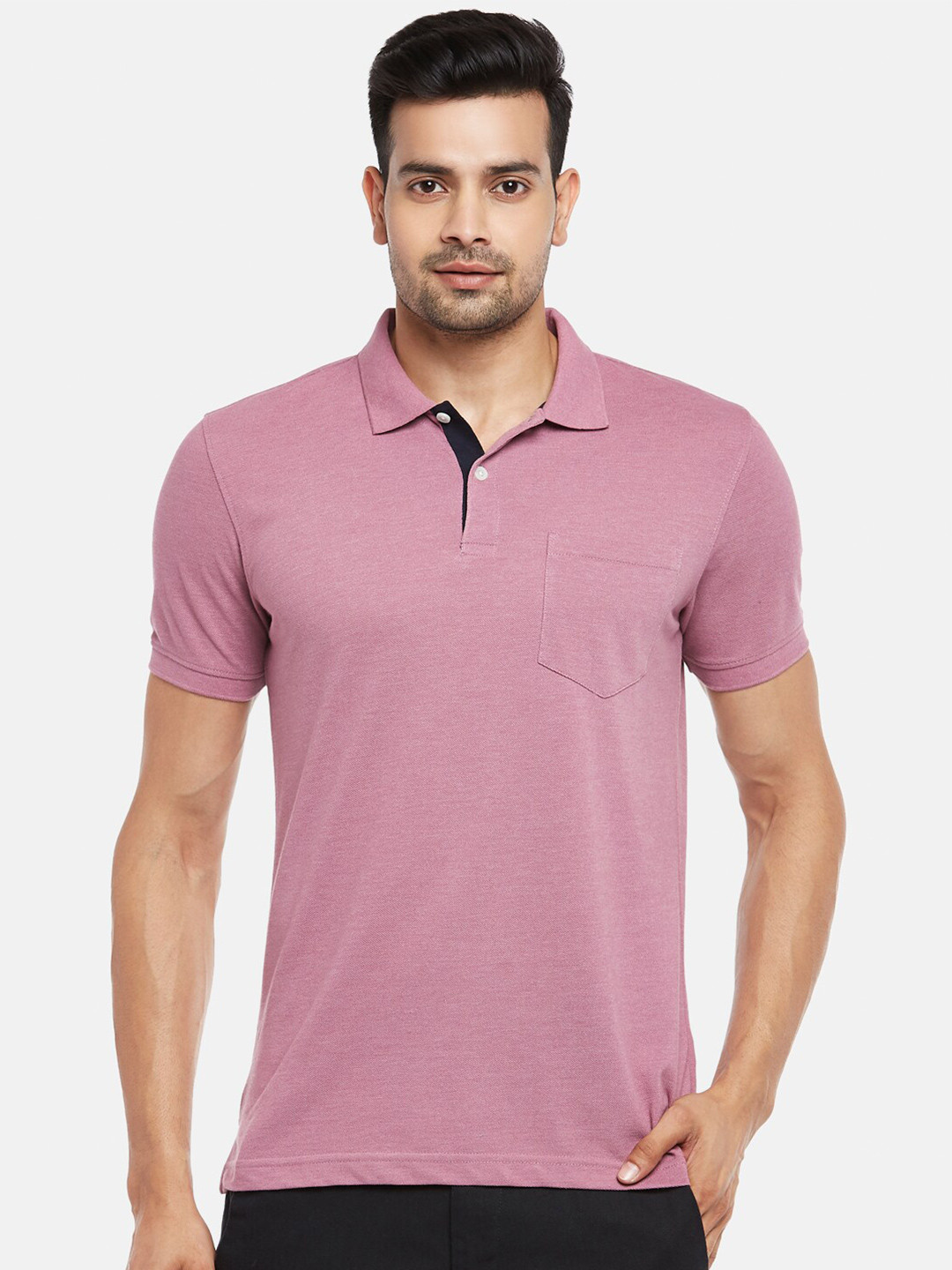 

BYFORD by Pantaloons Men Mauve Cotton Polo Collar Pockets Slim Fit Pure Cotton T-shirt