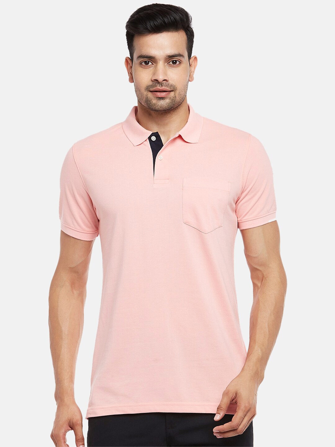 

BYFORD by Pantaloons Men Coral Pink Polo Collar Pockets Pure Cotton T-shirt