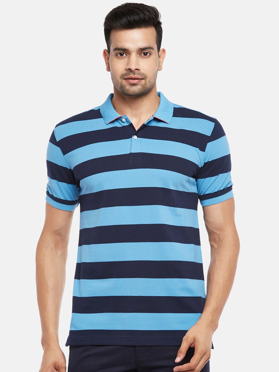 

BYFORD by Pantaloons Men Blue Striped Polo Collar Slim Fit Pure Cotton T-shirt