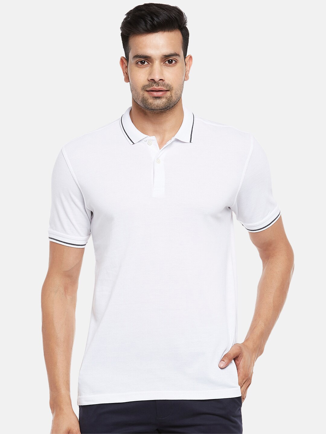 

BYFORD by Pantaloons Men White Cotton Polo Collar Monochrome Pure Cotton T-shirt