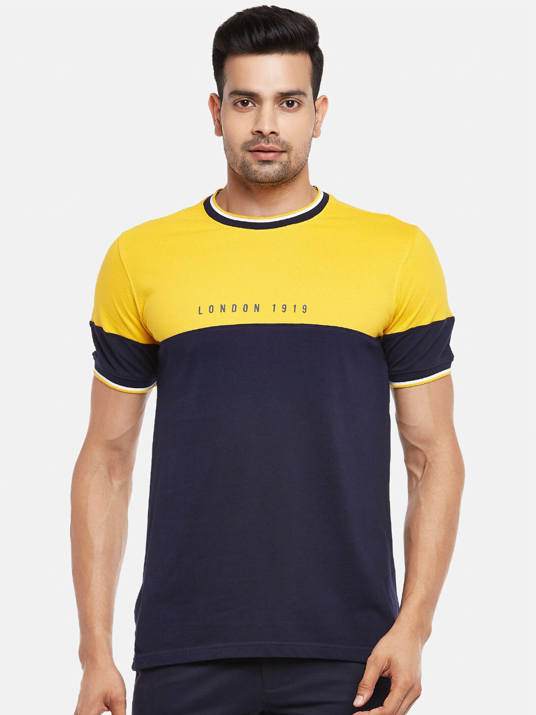 

BYFORD by Pantaloons Men Mustard Yellow Navy Blue Colourblocked Slim Fit Pure Cotton T-shirt