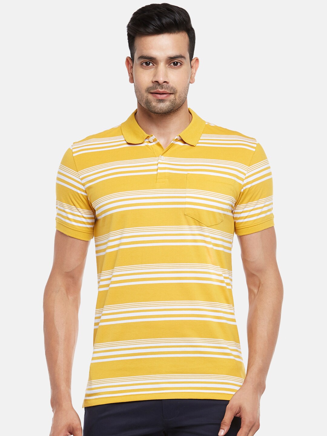 

BYFORD by Pantaloons Men Yellow White Striped Polo Collar Pockets Slim Fit Pure Cotton T-shirt