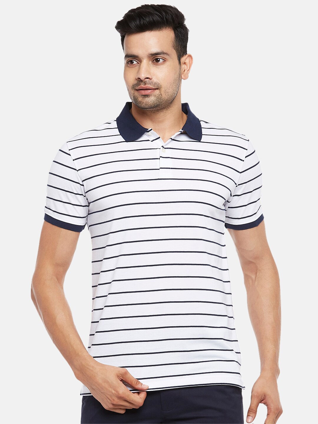 

BYFORD by Pantaloons Men White Blue Striped Polo Collar Slim Fit Pure Cotton T-shirt