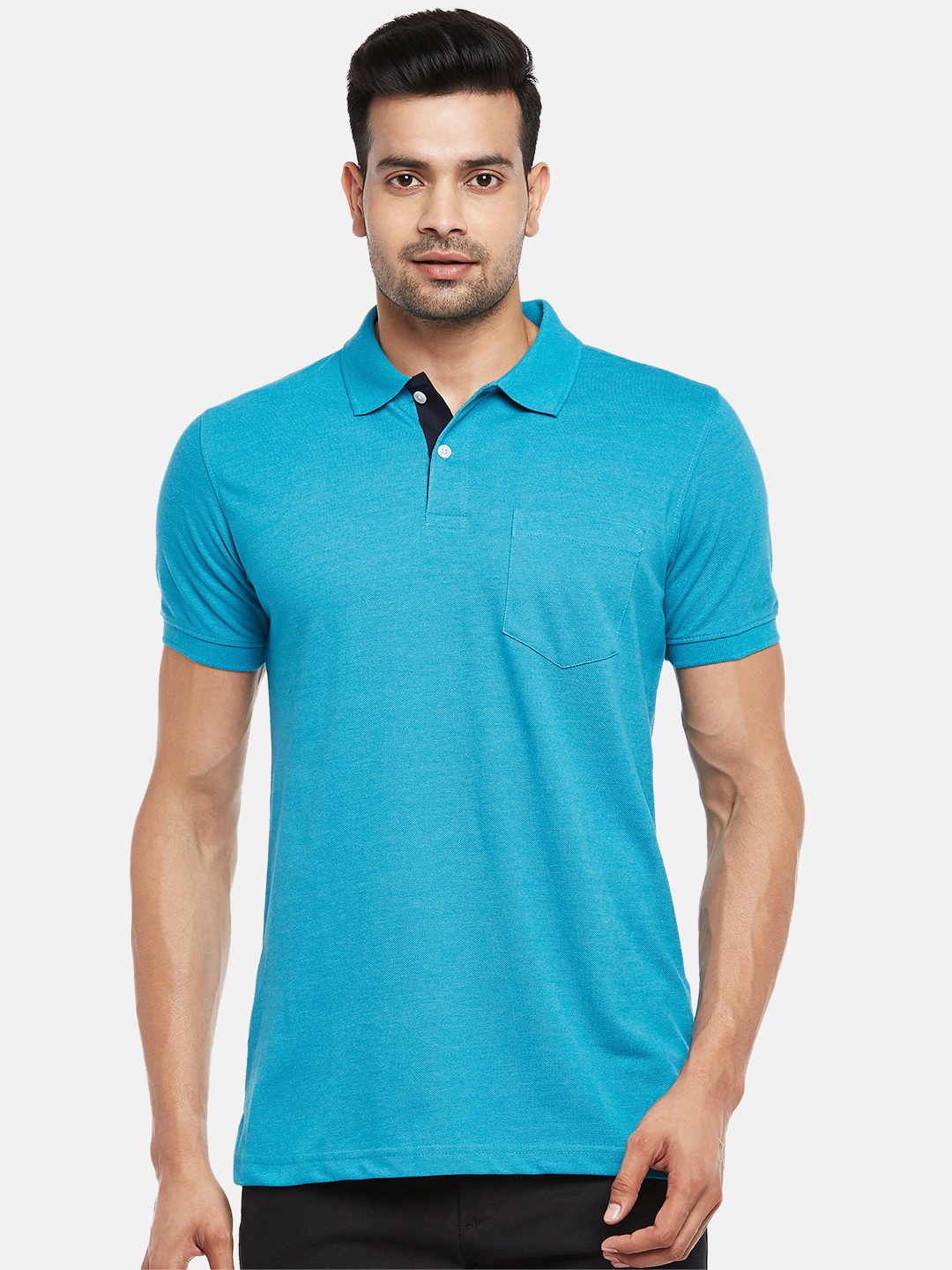 

BYFORD by Pantaloons Men Turquoise Blue Polo Collar Pockets Pure Cotton T-shirt