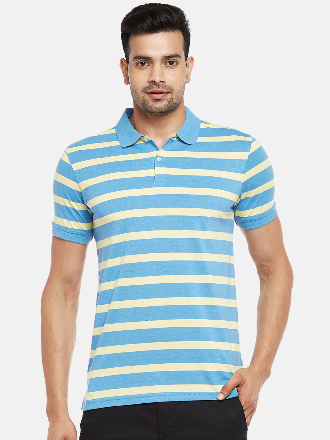 

BYFORD by Pantaloons Men Blue Yellow Striped Polo Collar Slim Fit Pure Cotton T-shirt